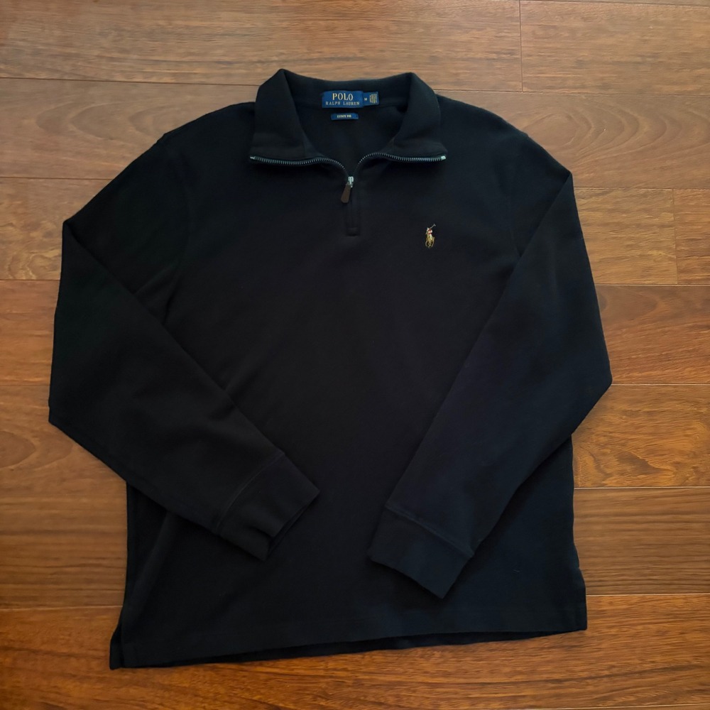 Polo Ralph Lauren Men Medium Black Estate Rib Quarter Zip Pullover Sweater Pony